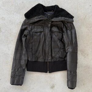 Banana Republic Vintage Black Genuine Leather Shearling Detail Bomber Jacket